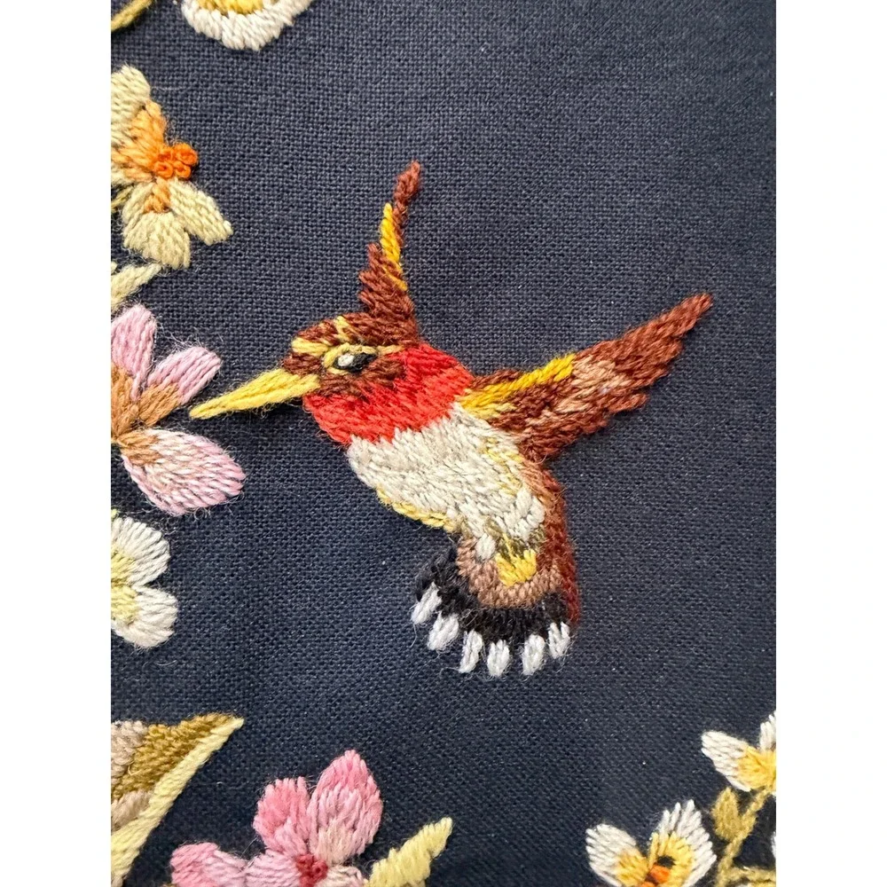 Vintage Crewel Embroidery Hummingbird Floral Wall Art Hand Stitched Textile